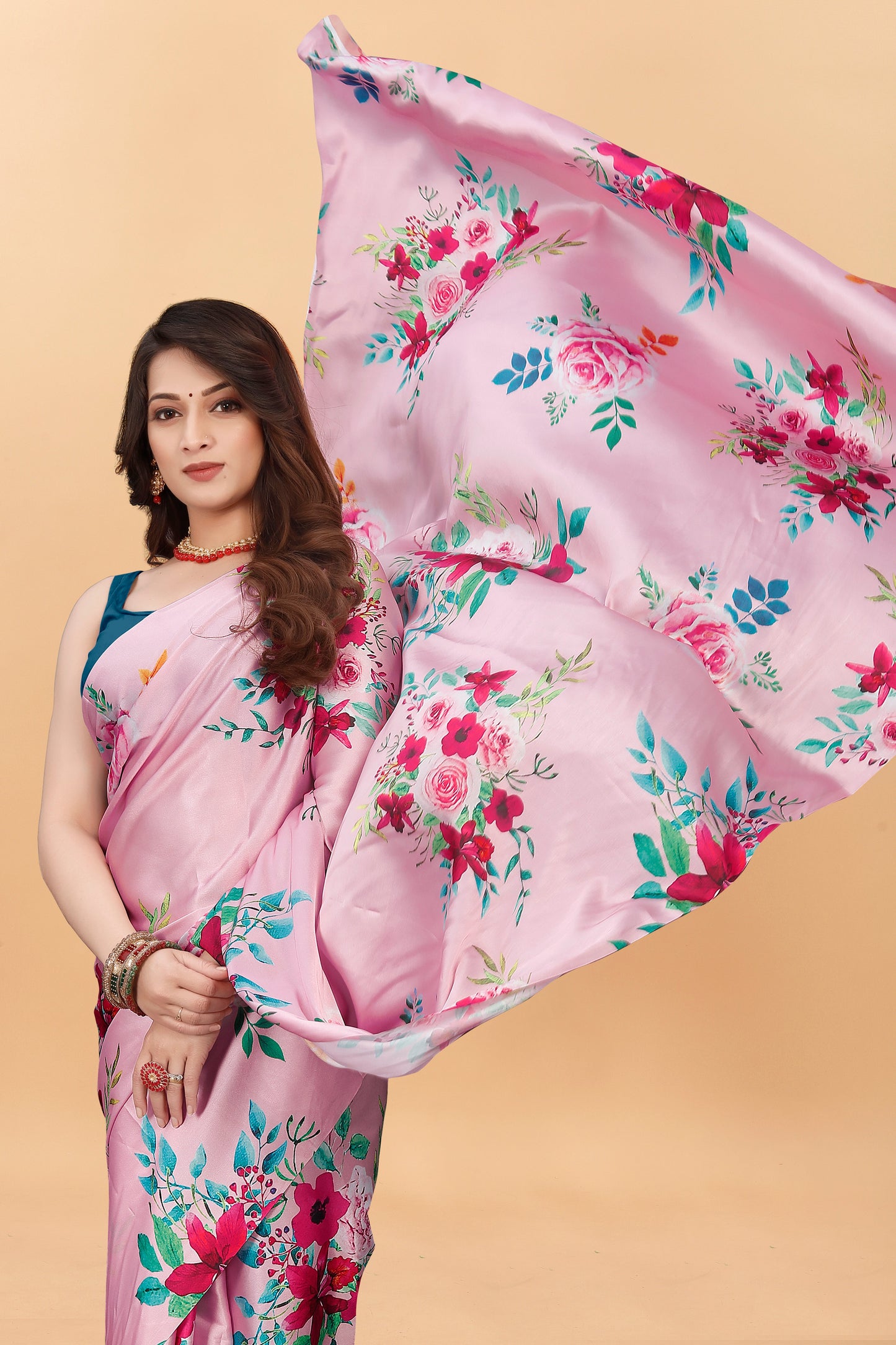 Pure Soft Light Pink Printed Satin Silk Saree