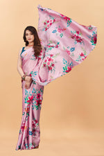 Pure Soft Light Pink Printed Satin Silk Saree