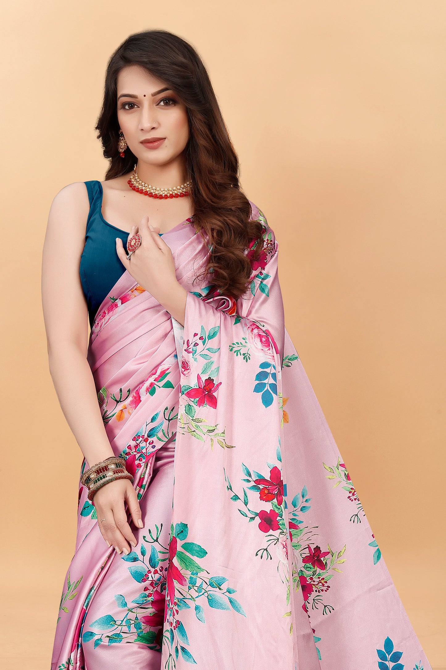 Pure Soft Light Pink Printed Satin Silk Saree