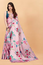 Pure Soft Light Pink Printed Satin Silk Saree