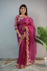 Designer Beetroot Work Organza Saree