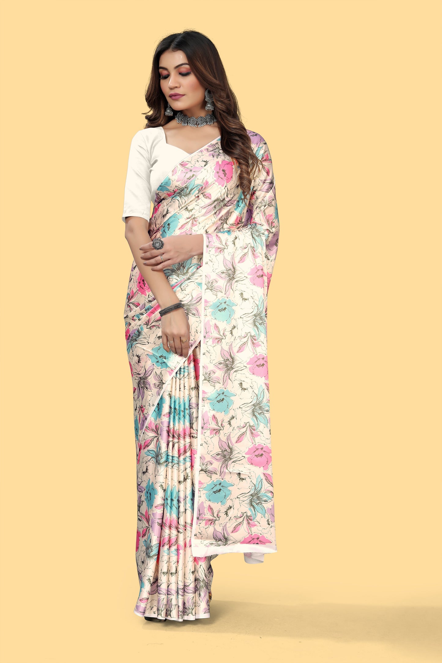 Designer Cream Color Floral  Printed Satin Saree