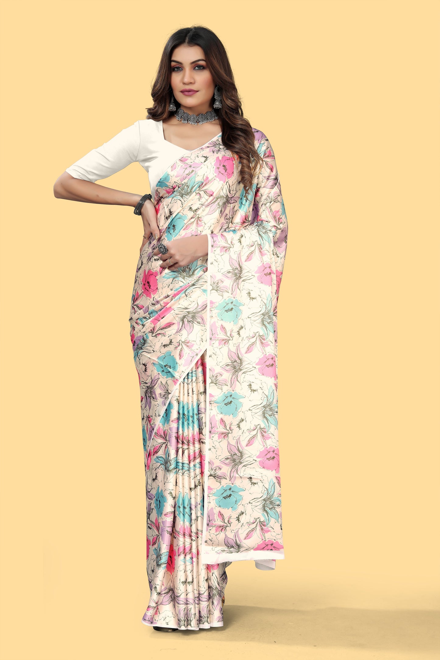 Designer Cream Color Floral  Printed Satin Saree