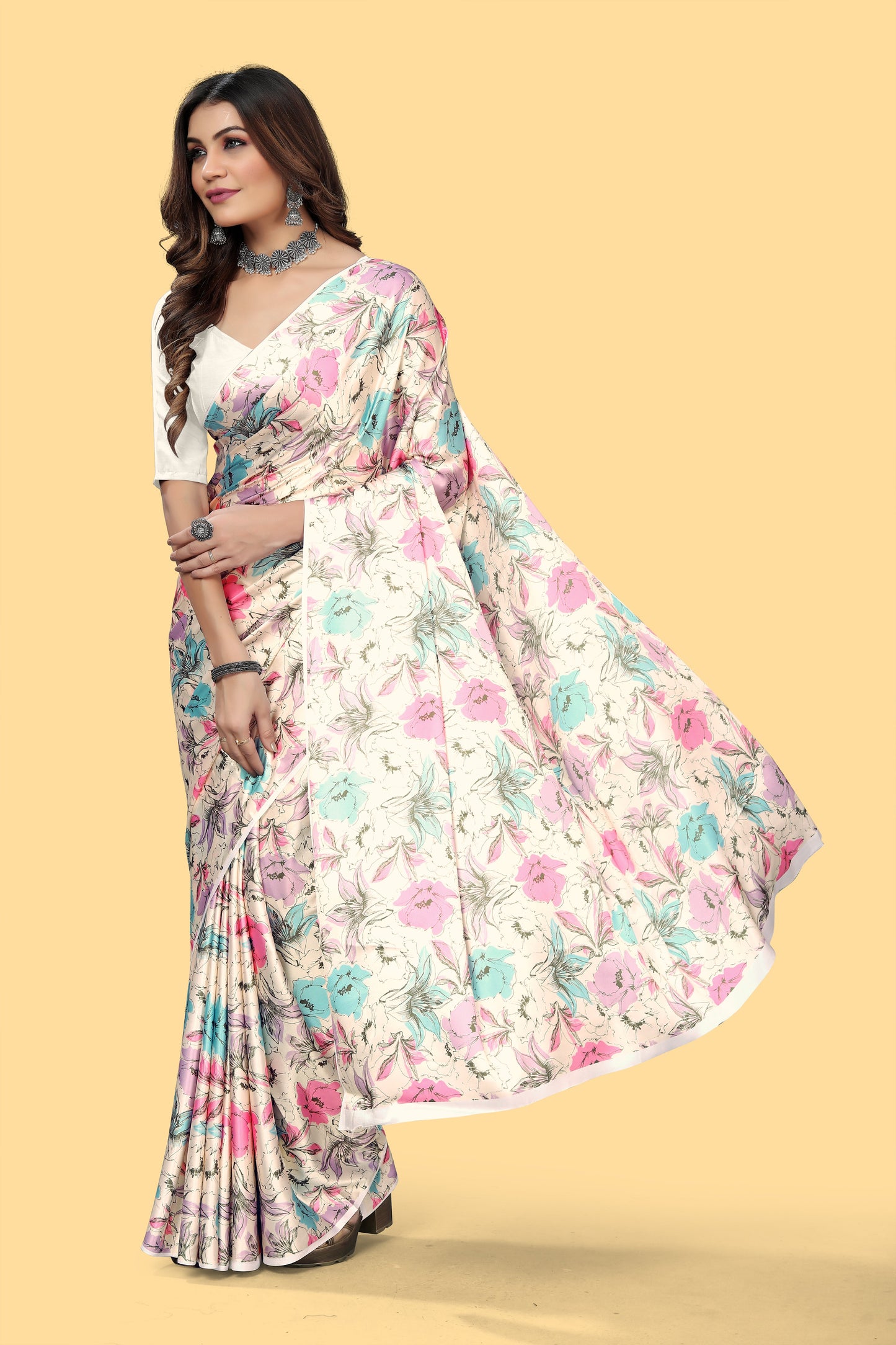 Designer Cream Color Floral  Printed Satin Saree