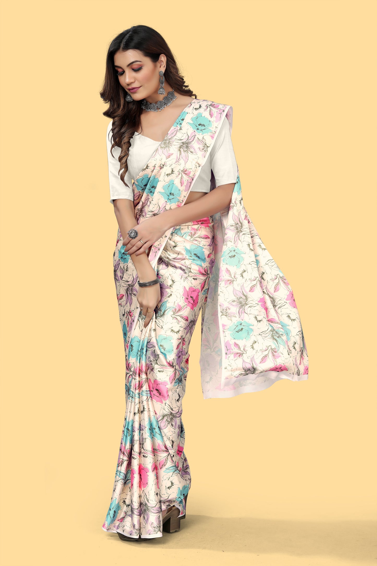 Designer Cream Color Floral  Printed Satin Saree