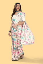 Designer Cream Color Floral  Printed Satin Saree