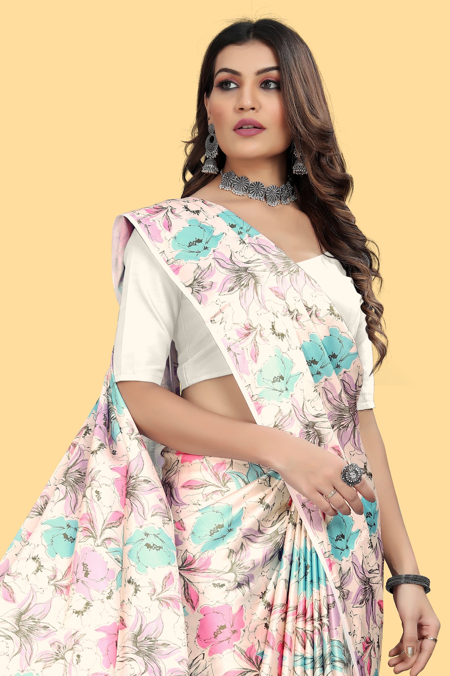 Designer Cream Color Floral  Printed Satin Saree