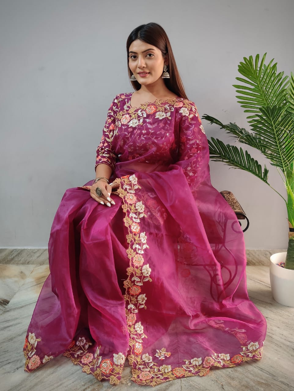 Designer Beetroot Work Organza Saree