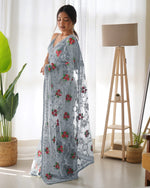 Party-Wear Light Gray Colour Butterfly Net Saree