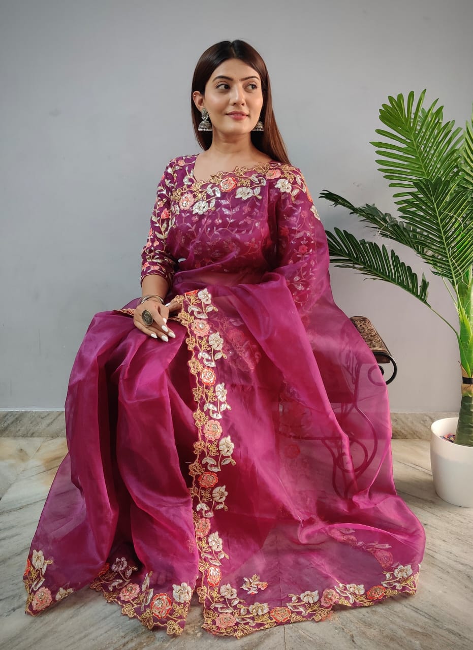 Designer Beetroot Work Organza Saree