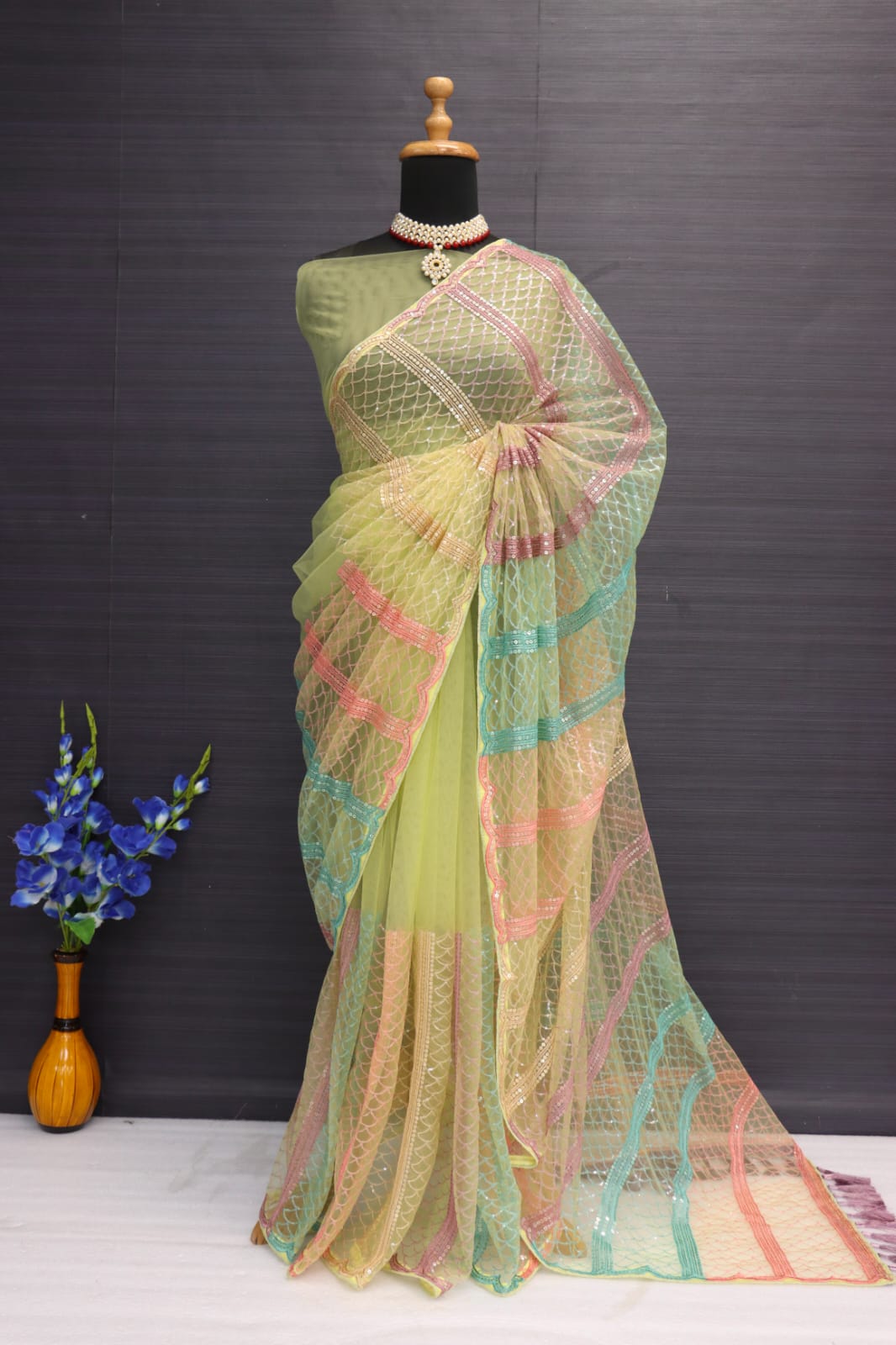 Fancy Work Butterfly Net Sky Colour Saree