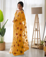 Party-Wear Mustard Yellow Colour Butterfly Net Saree