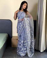 Fancy Work Gray Colour Organza Silk Saree