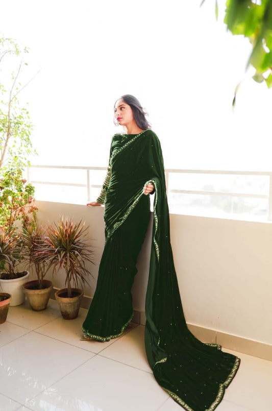 Beautiful Green Velvet Saree