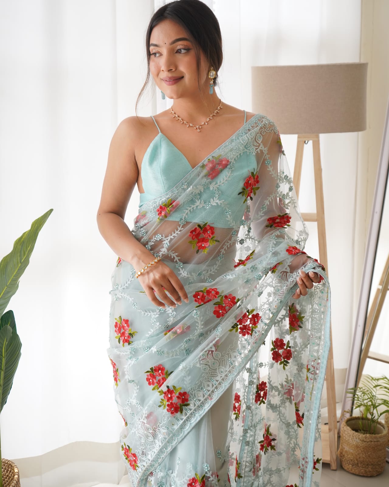 Party-Wear Light Sky Colour Butterfly Net Saree