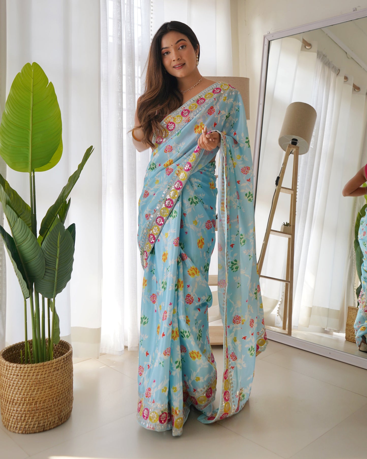 Designer Sky Embroidery Work Silk Saree