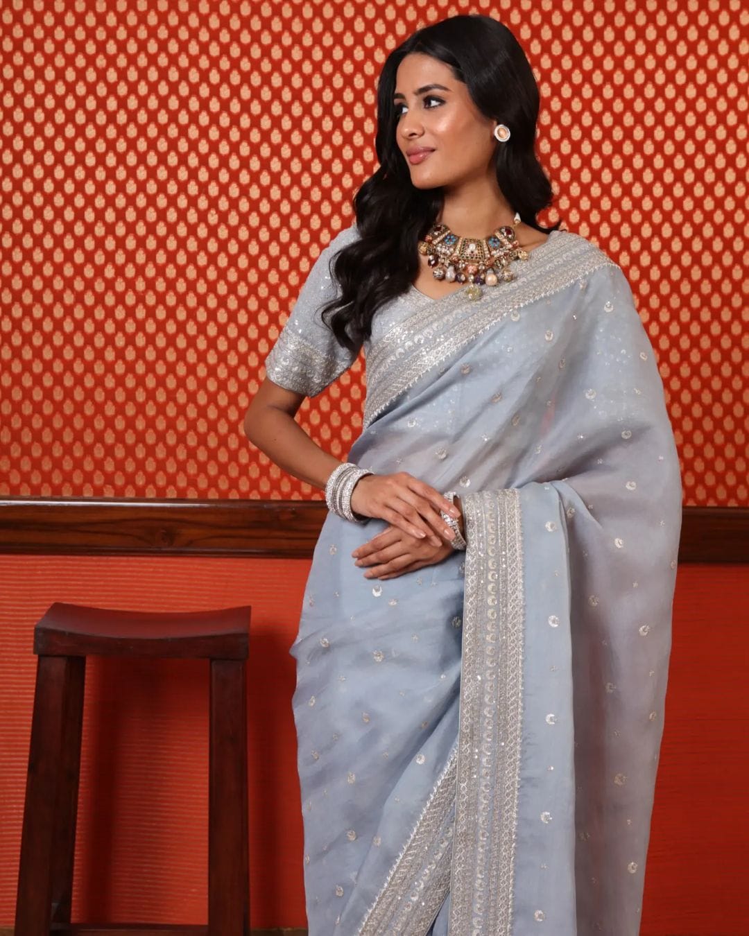 Designer Embroidery Light Blue Organza Silk Saree