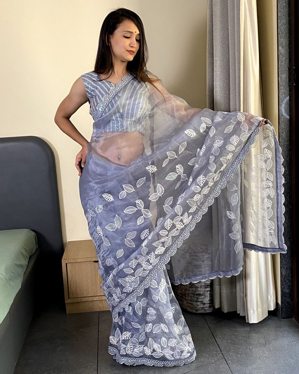 Fancy Work Gray Colour Organza Silk Saree