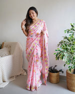 Designer Peach Pink Embroidery Work Silk Saree