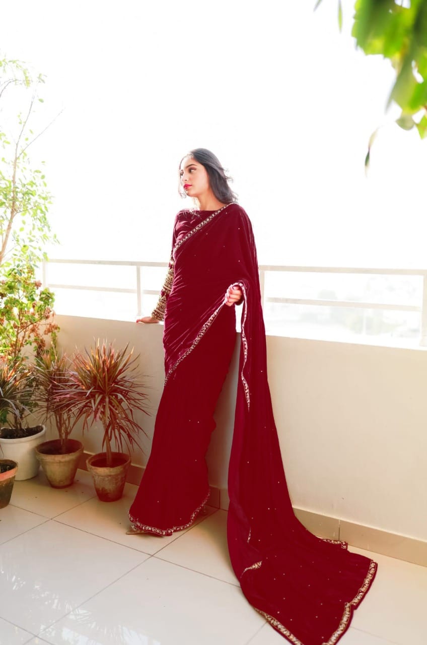 Beautiful Red Velvet Saree