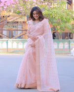 Trendy Designer Organza Peach Color Silk Saree