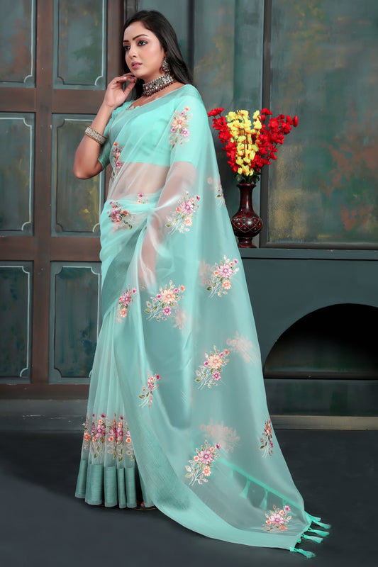 Designer Sky Blue Organza Silk Saree