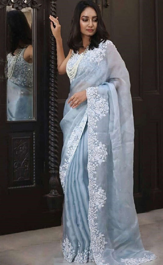 Designer  Hand Work Light Blue Organza Saree