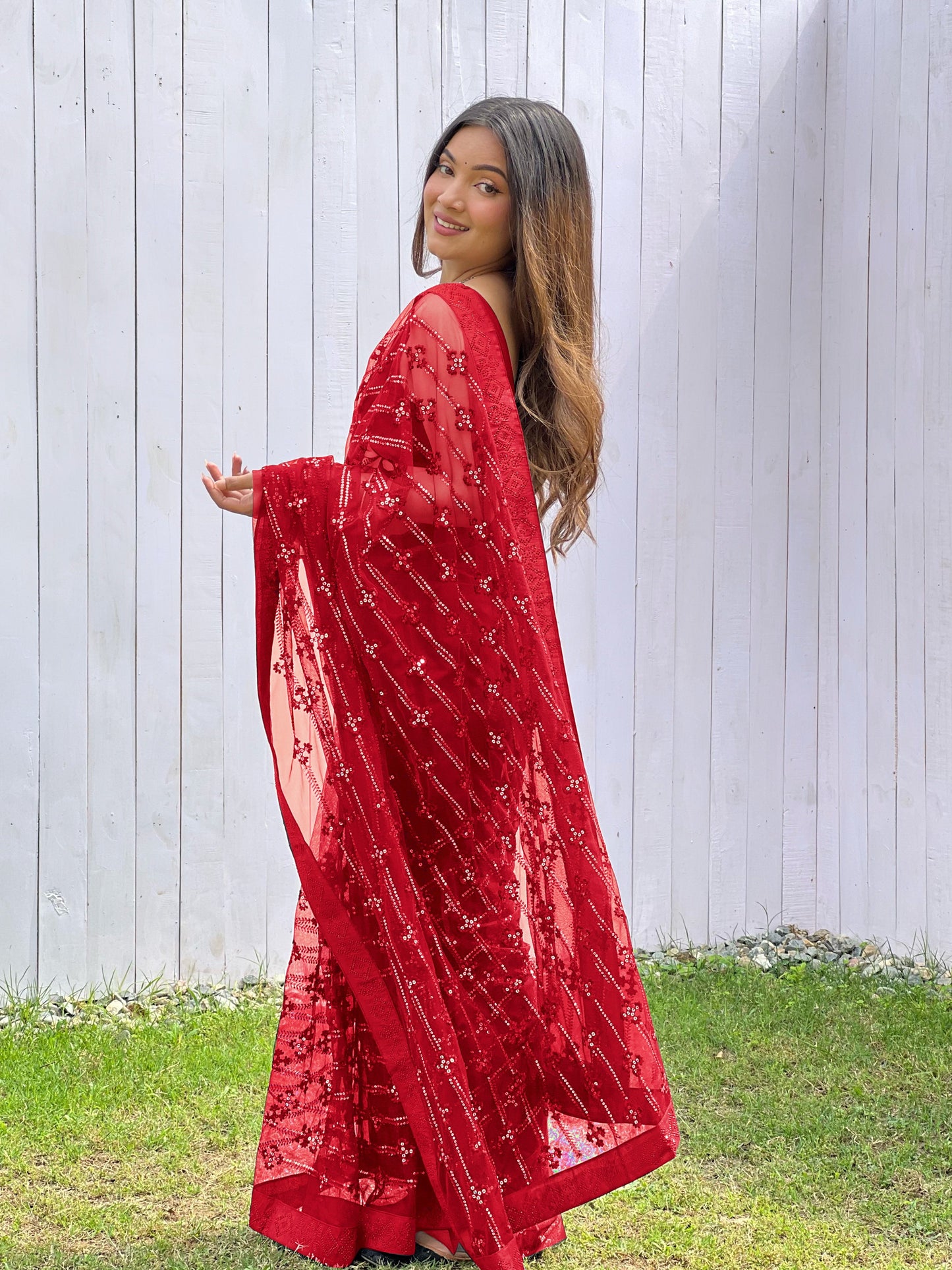 Designer Red Colour Butterfly Net Saree