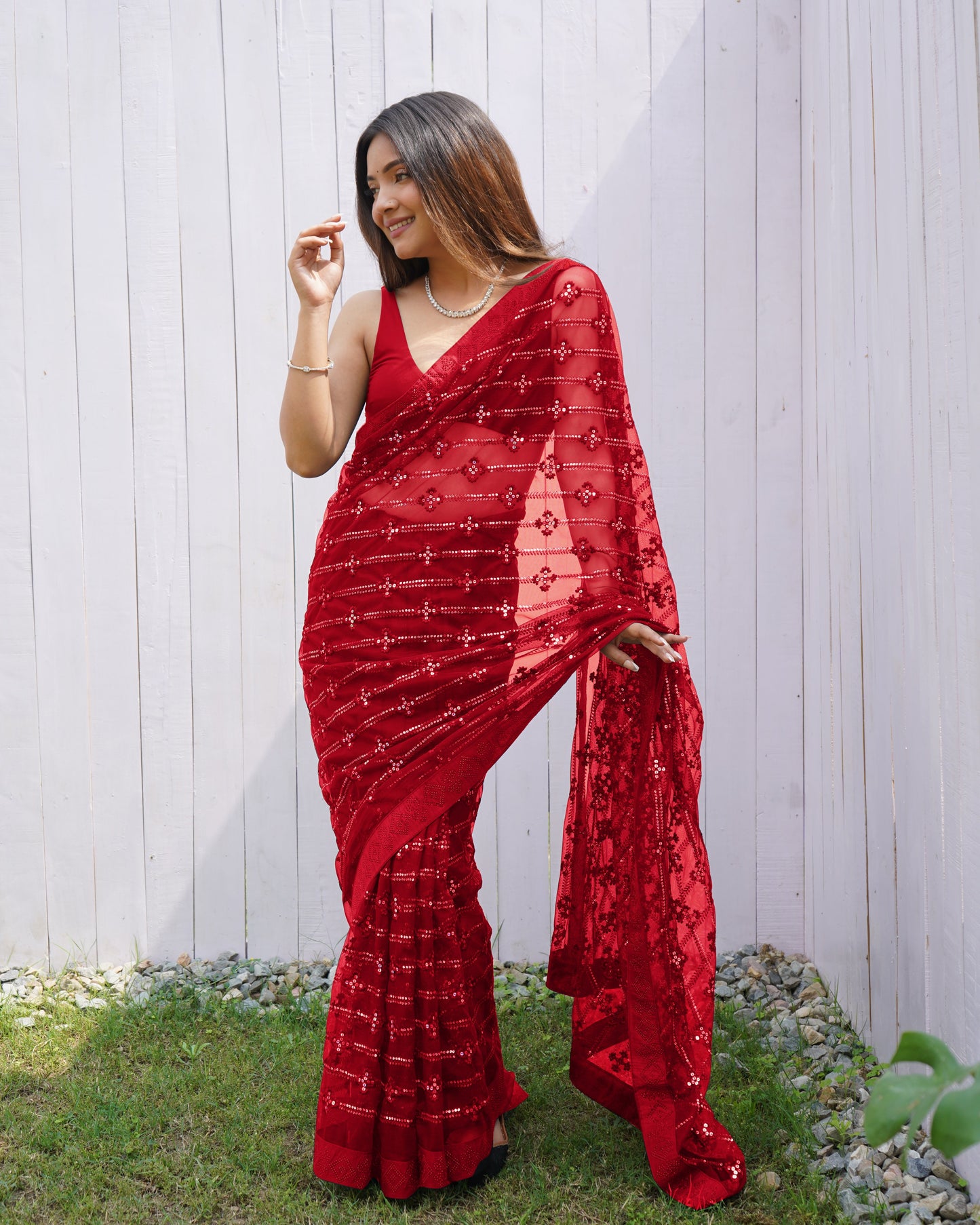 Designer Red Colour Butterfly Net Saree