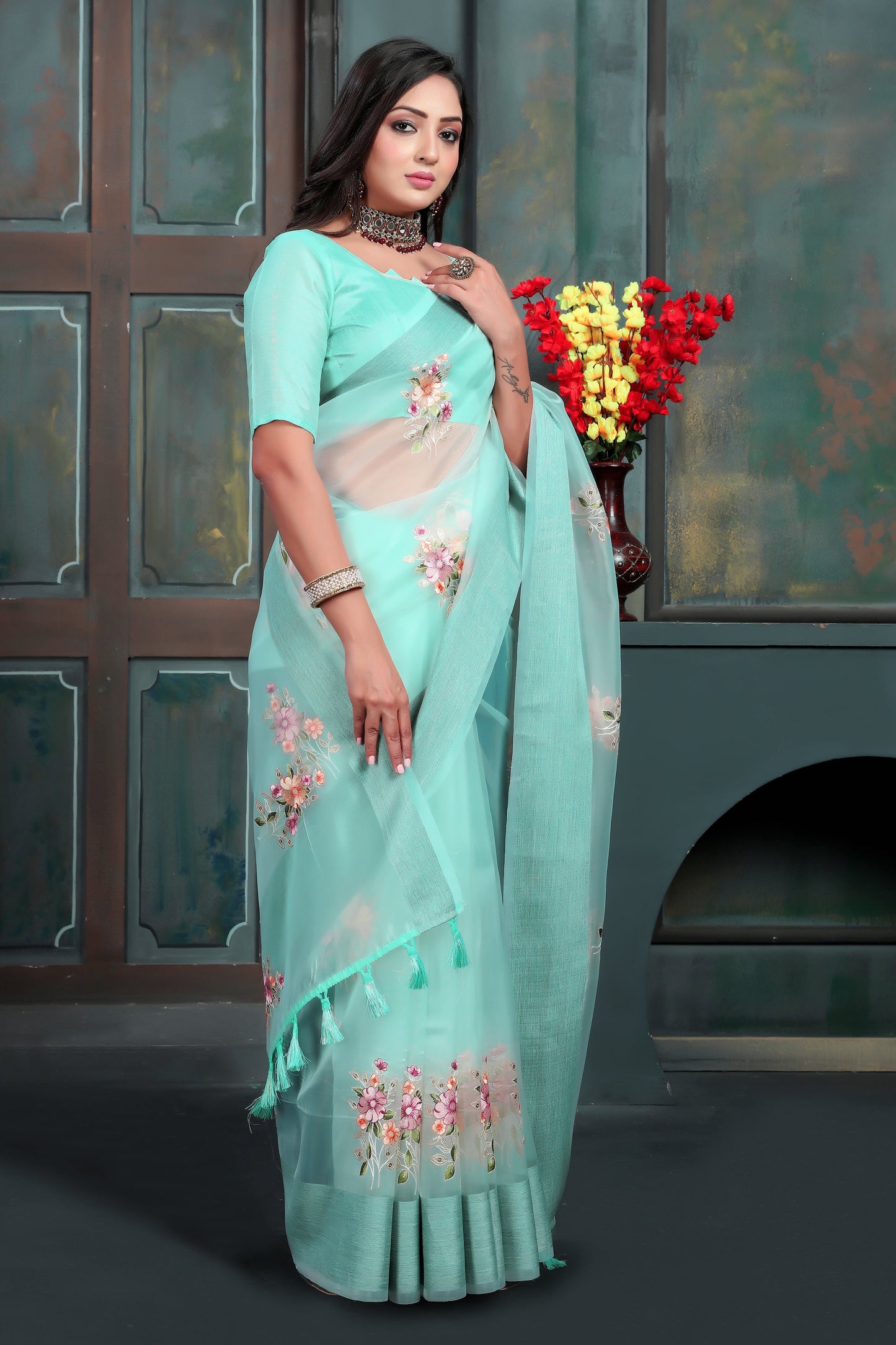 Designer Sky Blue Organza Silk Saree