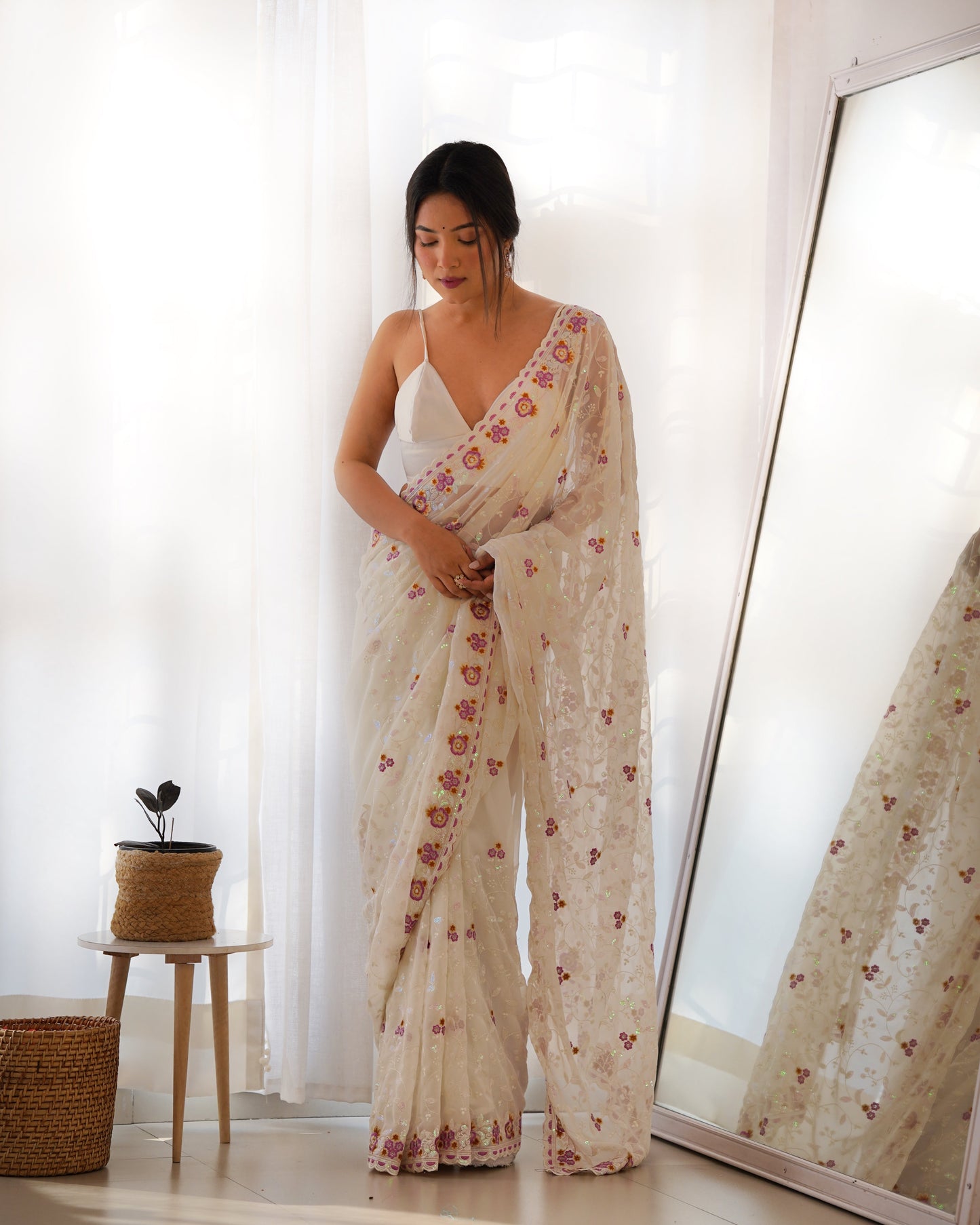 Designer Royal White Embroidery Saree