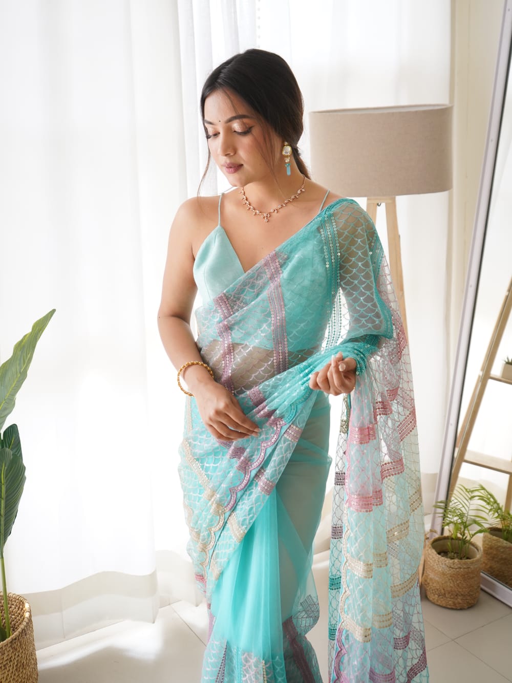 Fancy Work Butterfly Net Sky Colour Saree