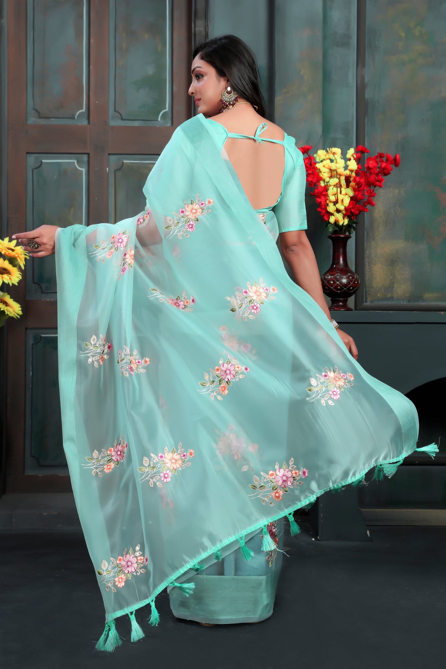 Designer Sky Blue Organza Silk Saree