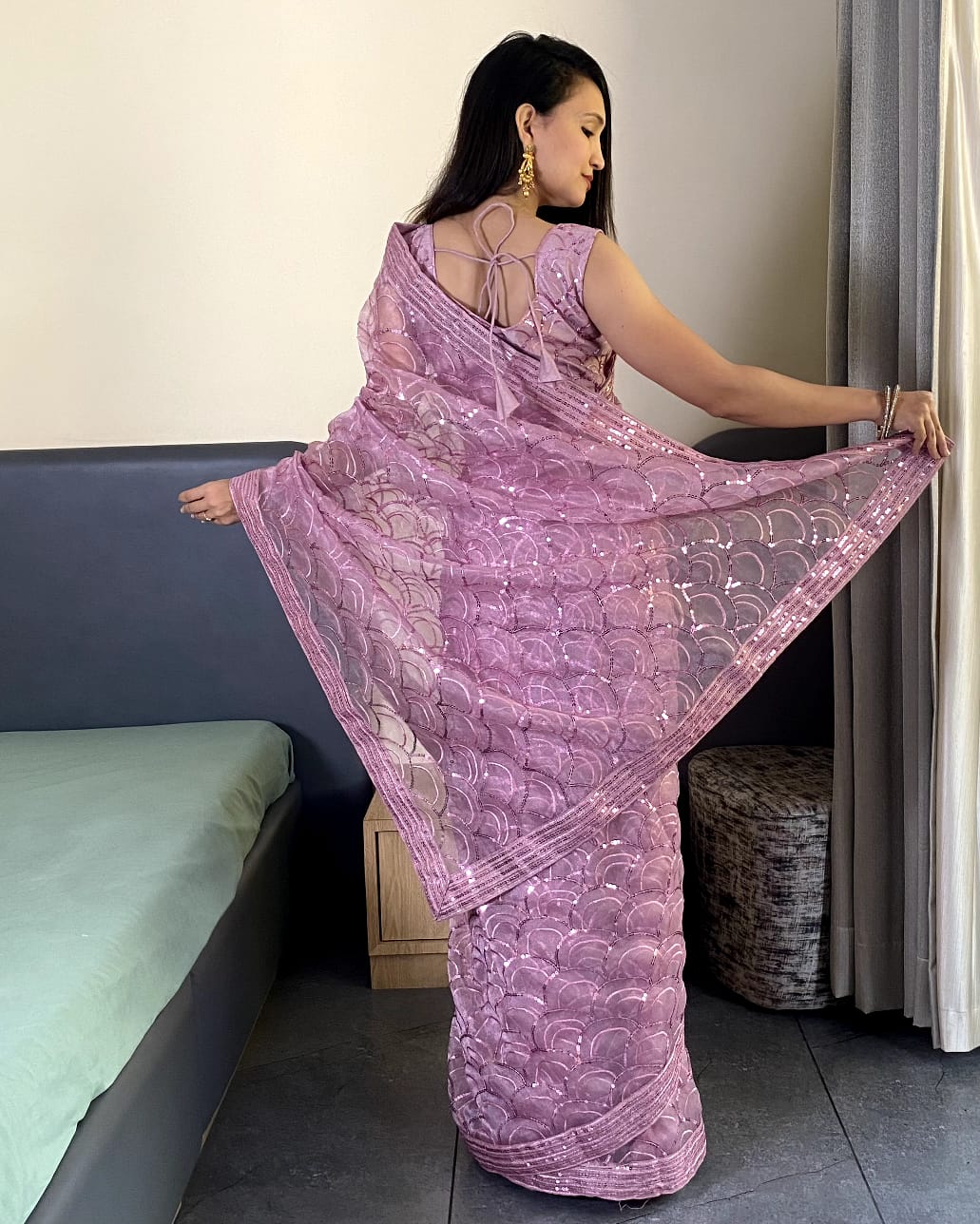 Fancy Work  Designer Purple Organza Saree