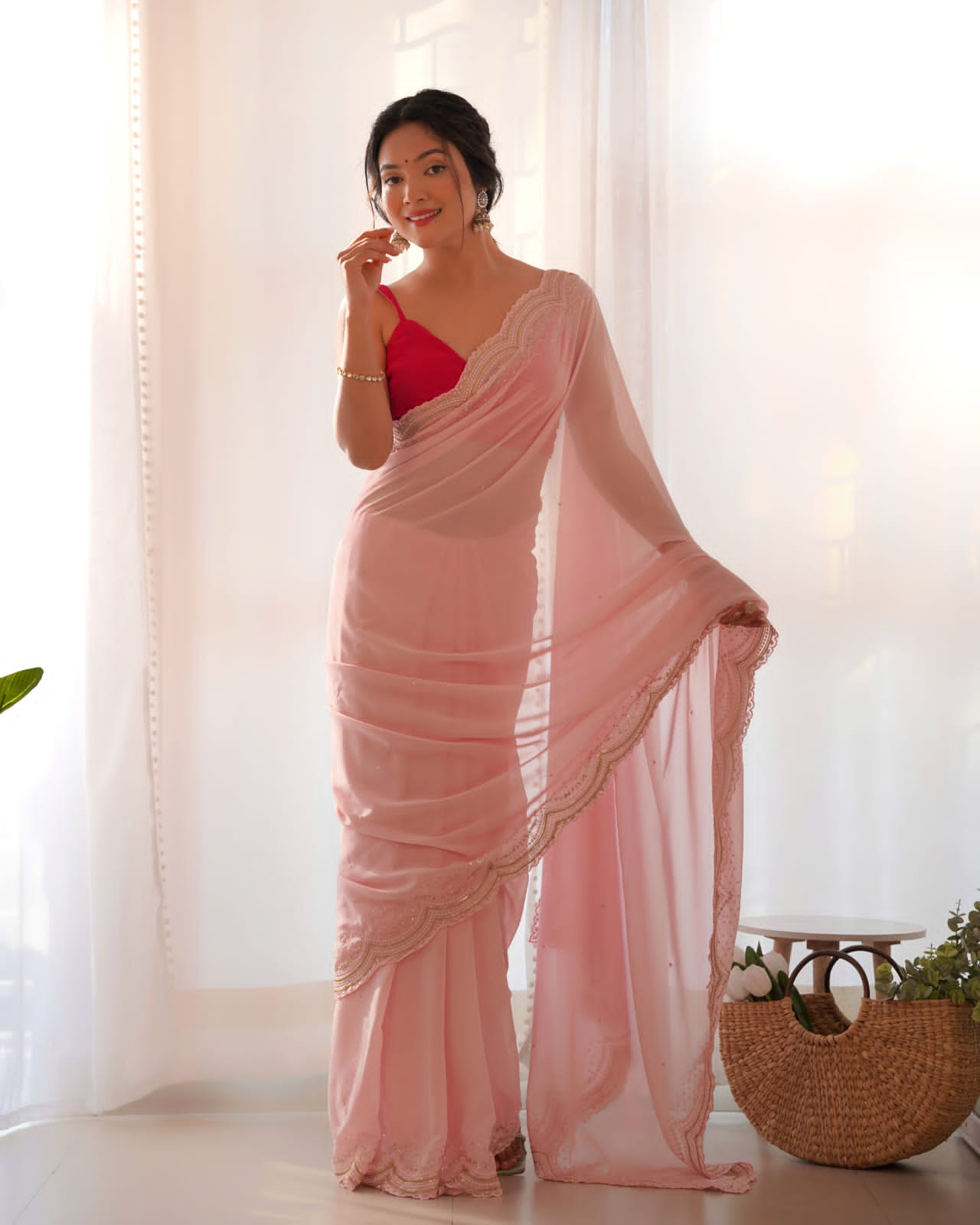 Soft Fancy Light Pink Moti Work Saree