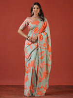 Designer Sea Green & Orange Silk Saree