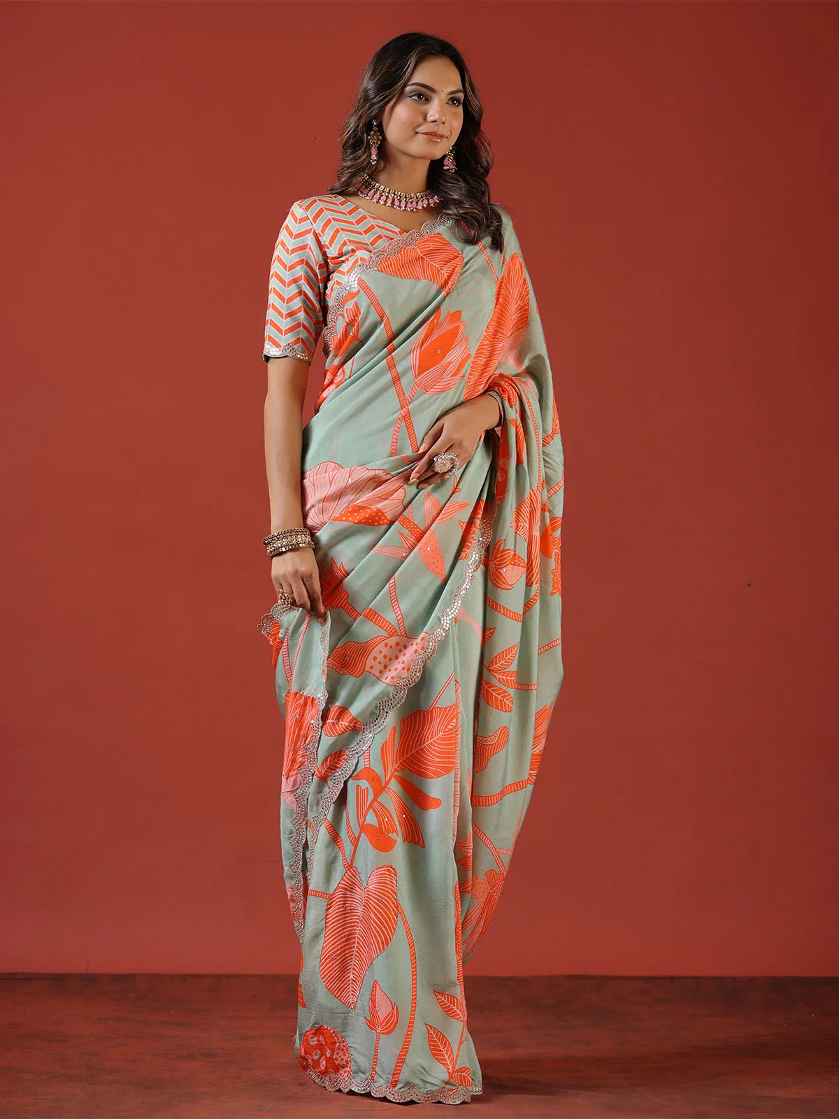 Designer Sea Green & Orange Silk Saree