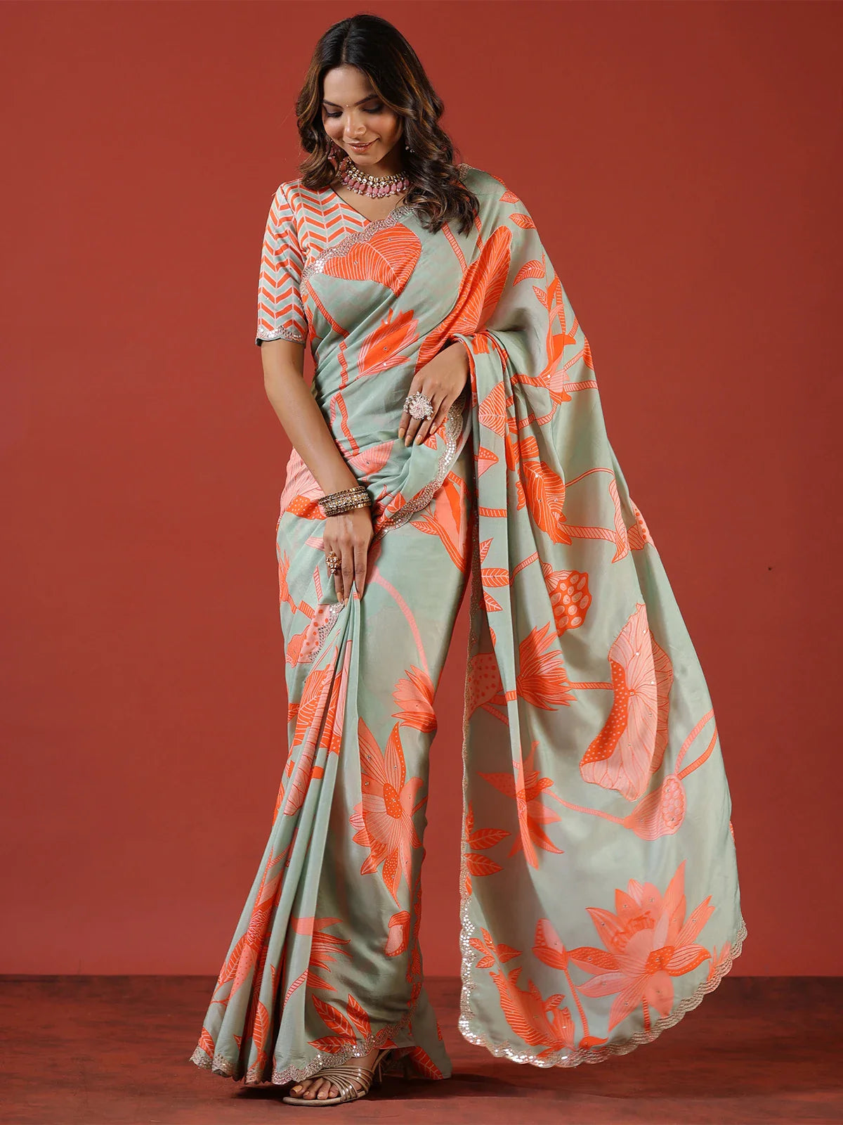 Designer Sea Green & Orange Silk Saree