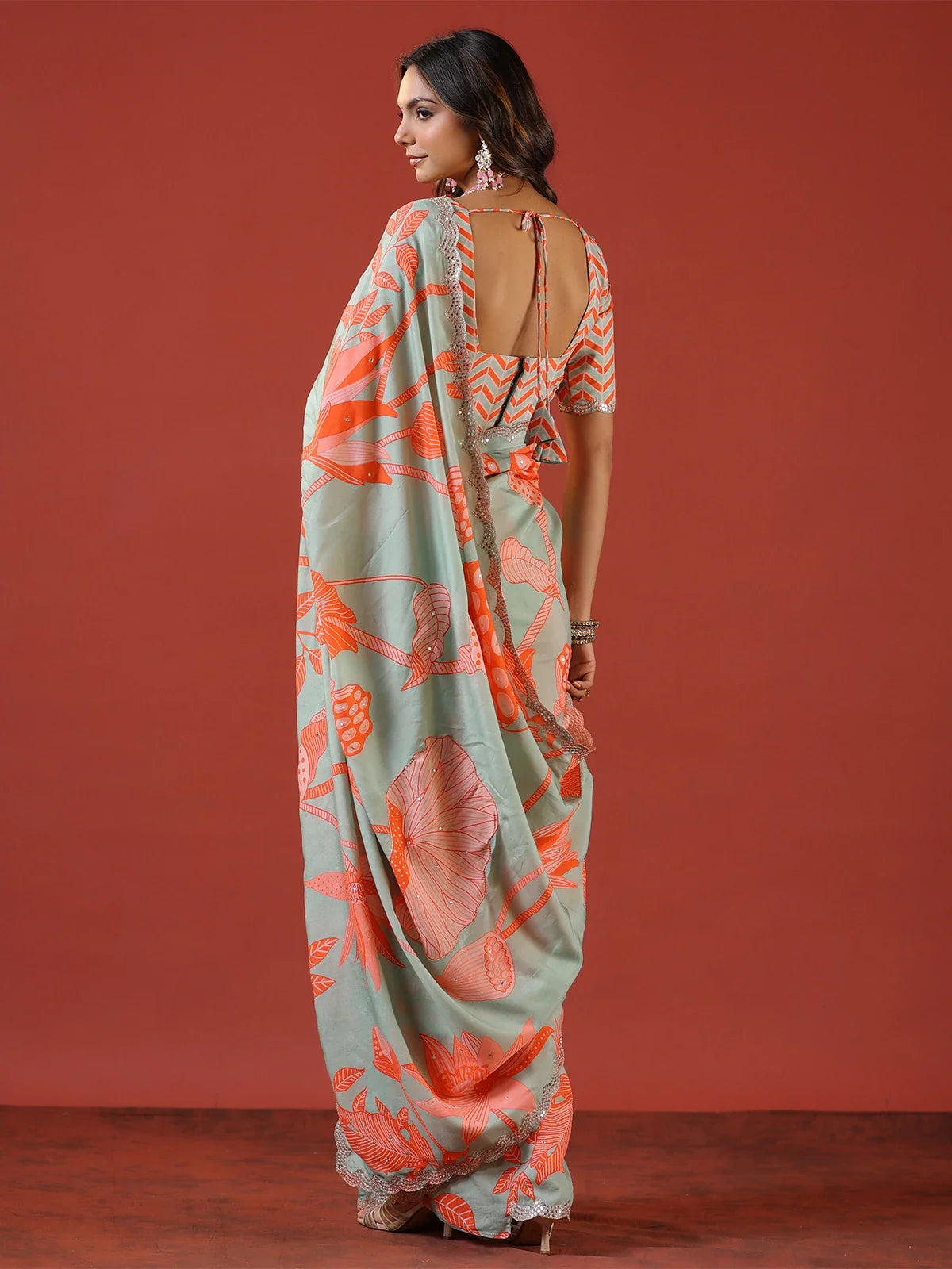 Designer Sea Green & Orange Silk Saree