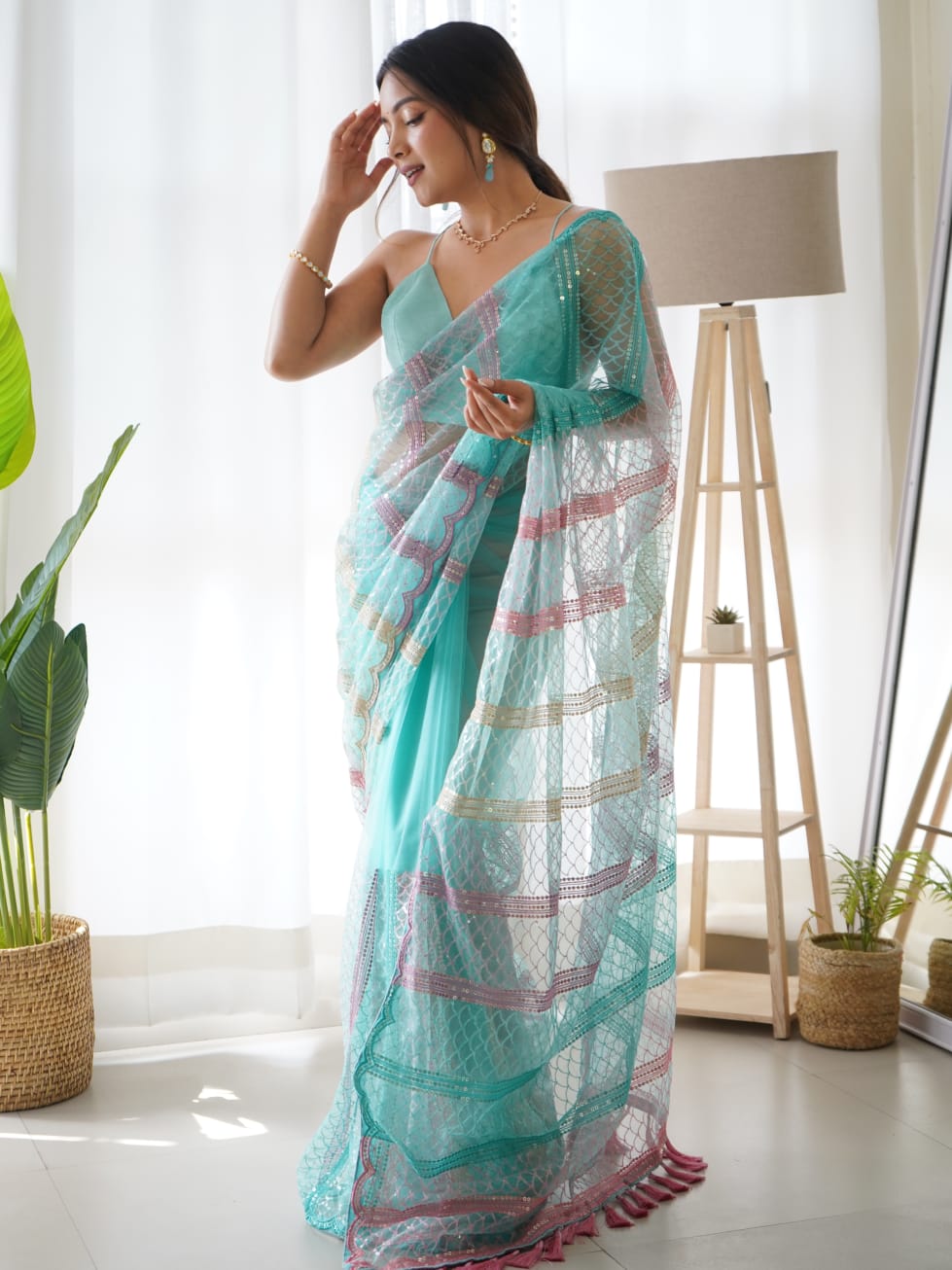 Fancy Work Butterfly Net Sky Colour Saree