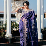 Designer Organza Dark Blue Silk Saree