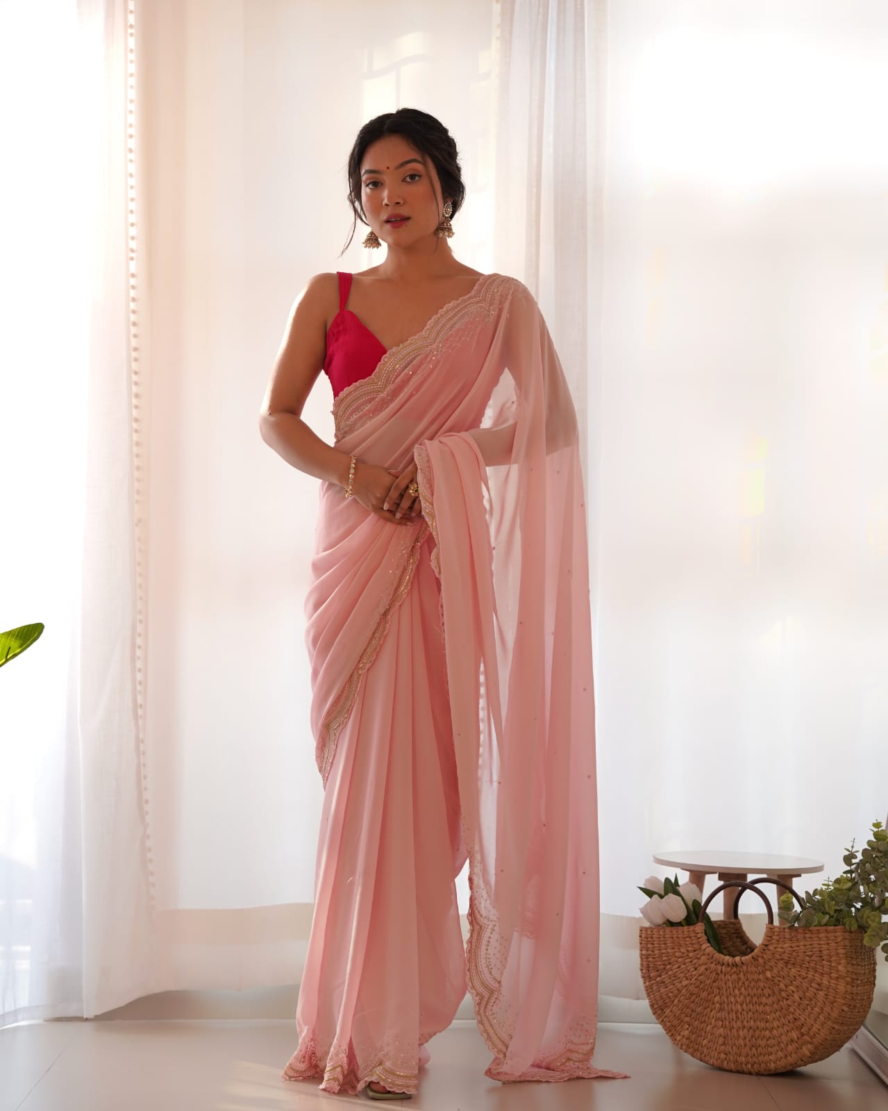 Soft Fancy Light Pink Moti Work Saree