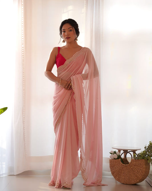 Soft Fancy Light Pink Moti Work Saree