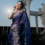 Designer Organza Dark Blue Silk Saree