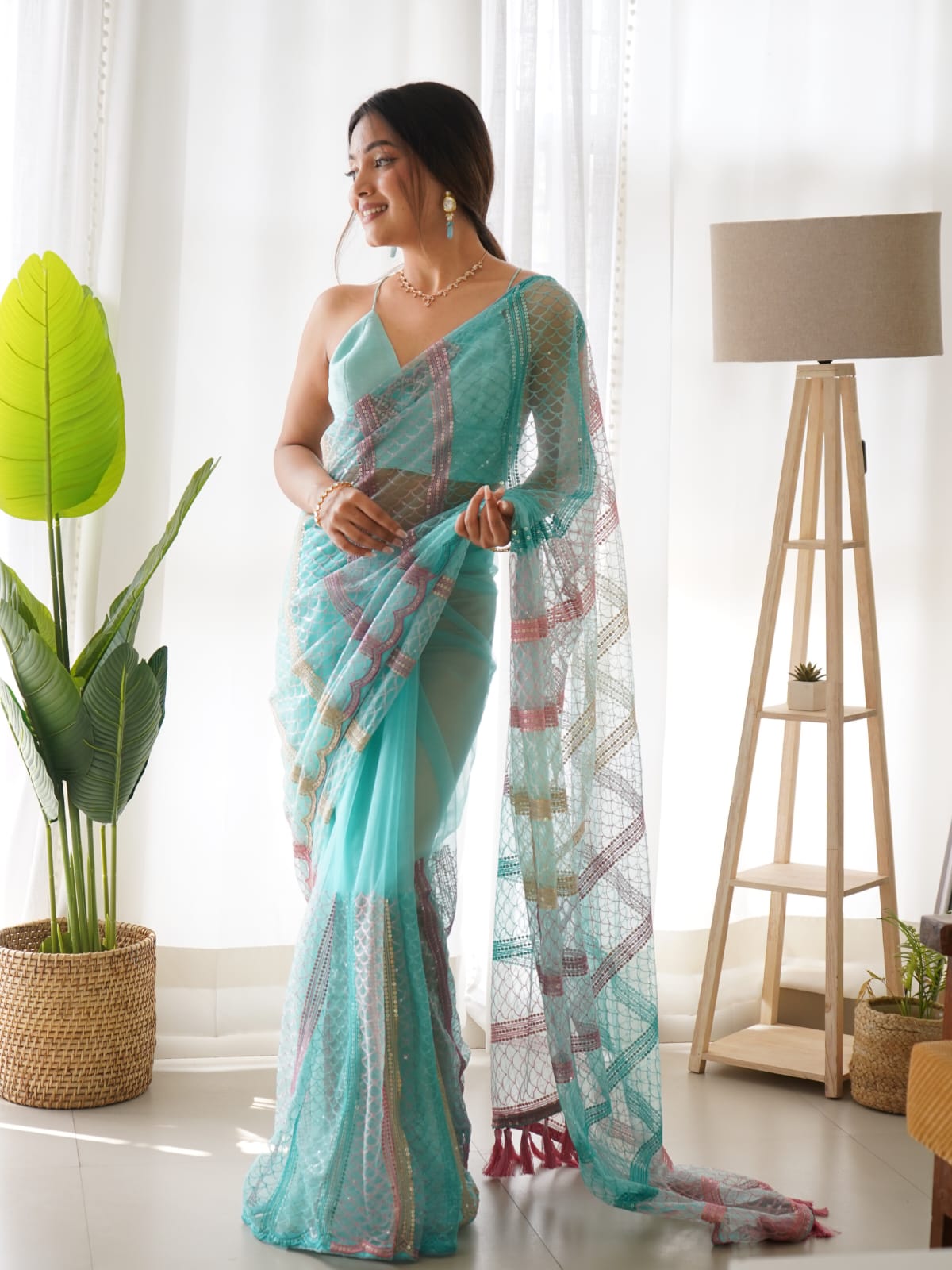 Fancy Work Butterfly Net Sky Colour Saree