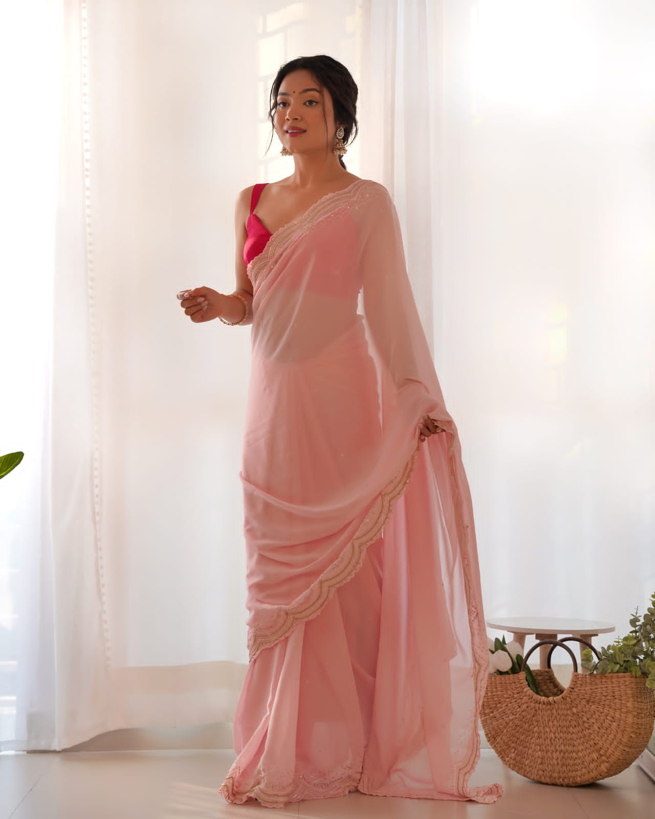 Soft Fancy Light Pink Moti Work Saree