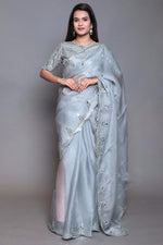 Designer Gray Work Organza Saree