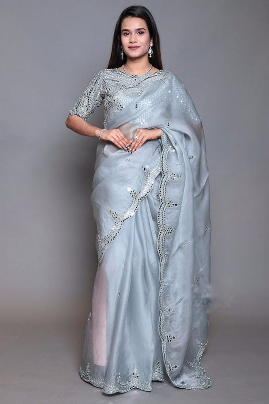 Designer Gray Work Organza Saree