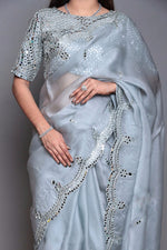 Designer Gray Work Organza Saree