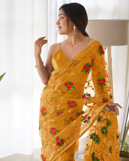 Party-Wear Mustard Yellow Colour Butterfly Net Saree